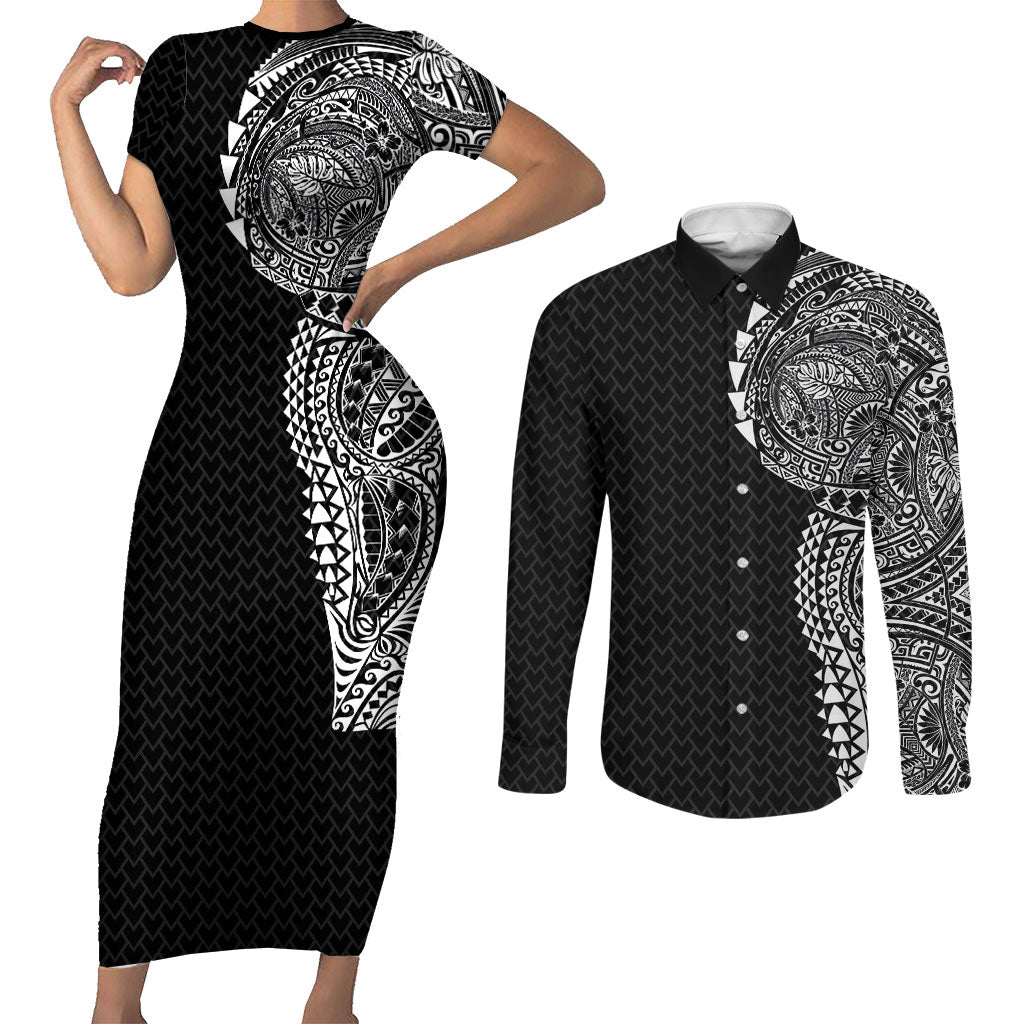 Hawaiian Traditional Tattoos Couples Matching Short Sleeve Bodycon Dress and Long Sleeve Button Shirt Kakau Tribal Tropical Plant Motif Black Color LT03 Black - Polynesian Pride