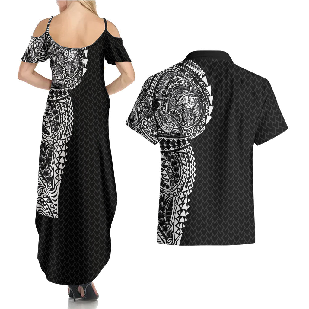 Hawaiian Traditional Tattoos Couples Matching Summer Maxi Dress and Hawaiian Shirt Kakau Tribal Tropical Plant Motif Black Color LT03 - Polynesian Pride