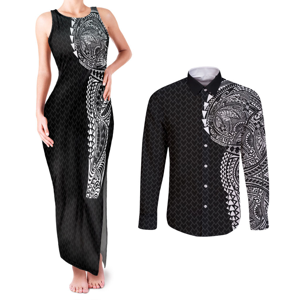 Hawaiian Traditional Tattoos Couples Matching Tank Maxi Dress and Long Sleeve Button Shirt Kakau Tribal Tropical Plant Motif Black Color LT03 Black - Polynesian Pride