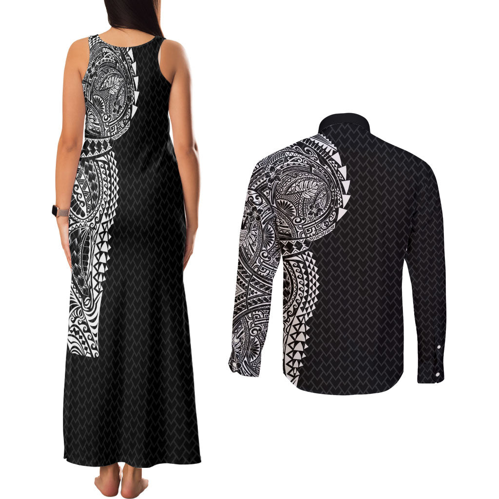 Hawaiian Traditional Tattoos Couples Matching Tank Maxi Dress and Long Sleeve Button Shirt Kakau Tribal Tropical Plant Motif Black Color LT03 - Polynesian Pride