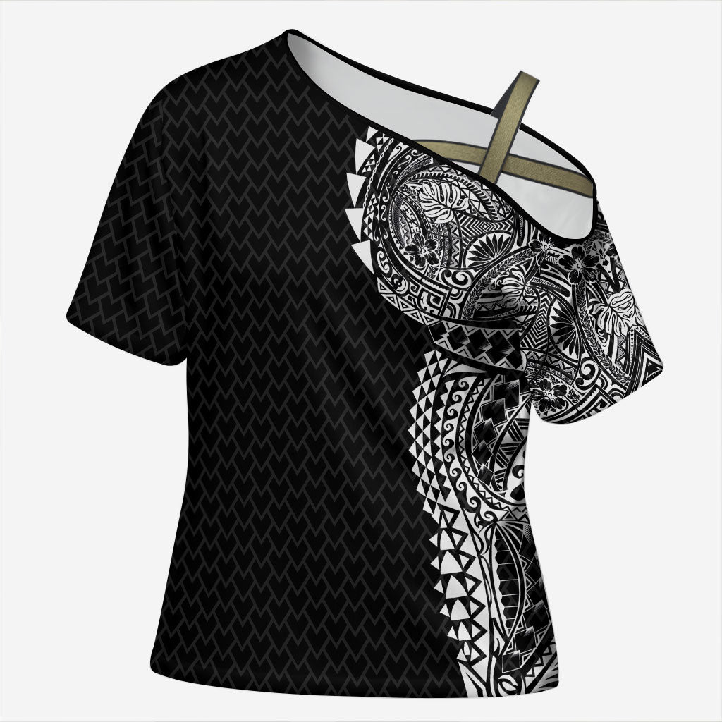 Hawaiian Traditional Tattoos Cross Shoulder Shirt Kakau Tribal Tropical Plant Motif Black Color LT03 Female Black - Polynesian Pride
