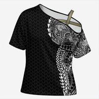 Hawaiian Traditional Tattoos Cross Shoulder Shirt Kakau Tribal Tropical Plant Motif Black Color LT03 Female Black - Polynesian Pride