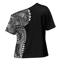 Hawaiian Traditional Tattoos Cross Shoulder Shirt Kakau Tribal Tropical Plant Motif Black Color LT03 - Polynesian Pride