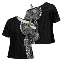 Hawaiian Traditional Tattoos Cross Shoulder Shirt Kakau Tribal Tropical Plant Motif Black Color LT03 - Polynesian Pride