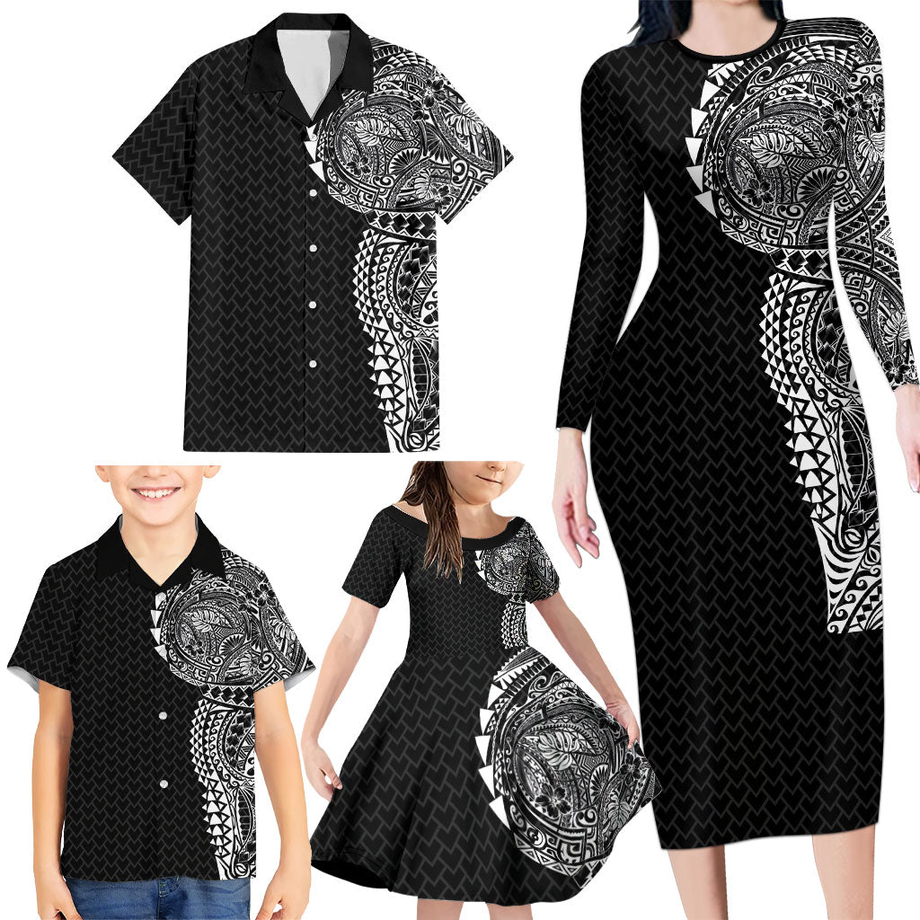 Hawaiian Traditional Tattoos Family Matching Long Sleeve Bodycon Dress and Hawaiian Shirt Kakau Tribal Tropical Plant Motif Black Color LT03 - Polynesian Pride