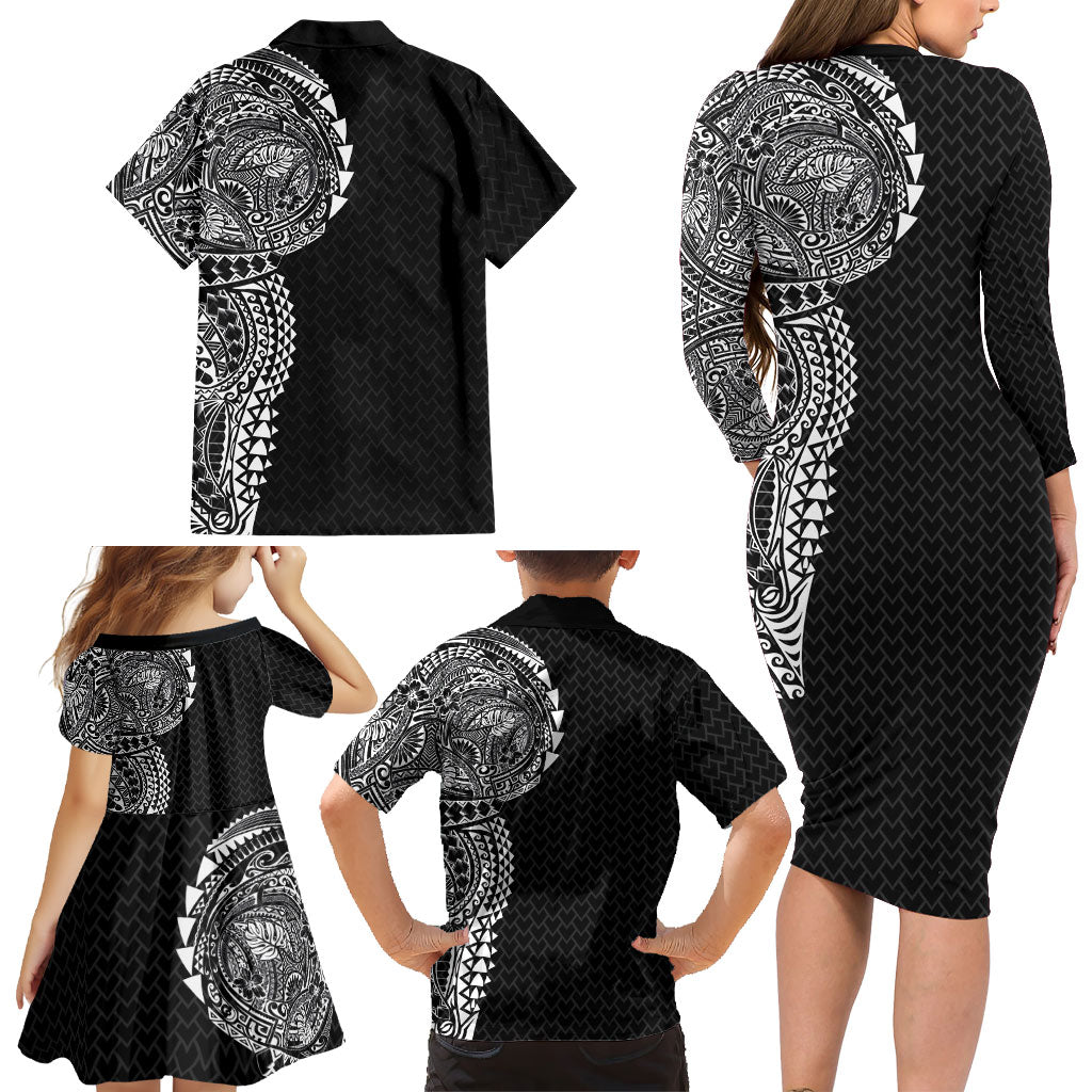 Hawaiian Traditional Tattoos Family Matching Long Sleeve Bodycon Dress and Hawaiian Shirt Kakau Tribal Tropical Plant Motif Black Color LT03 - Polynesian Pride