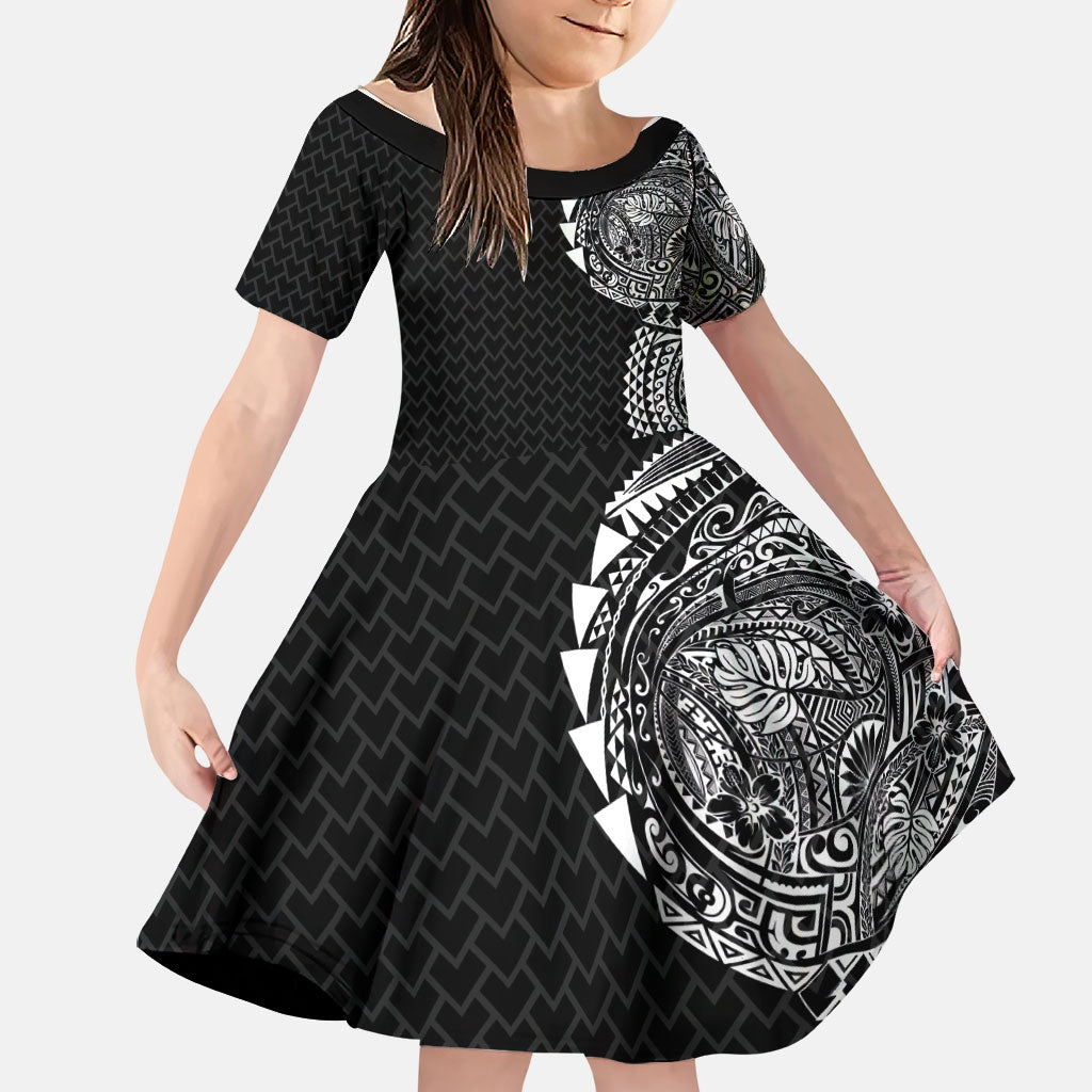 Hawaiian Traditional Tattoos Family Matching Off The Shoulder Long Sleeve Dress and Hawaiian Shirt Kakau Tribal Tropical Plant Motif Black Color LT03 Daughter's Dress Black - Polynesian Pride