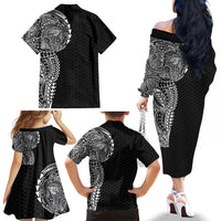 Hawaiian Traditional Tattoos Family Matching Off The Shoulder Long Sleeve Dress and Hawaiian Shirt Kakau Tribal Tropical Plant Motif Black Color LT03 - Polynesian Pride