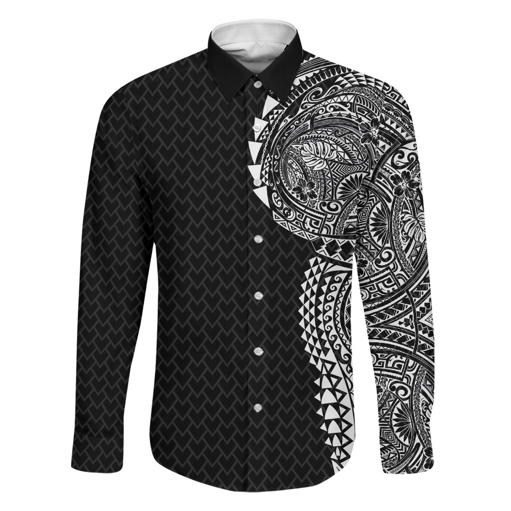 Hawaiian Traditional Tattoos Family Matching Off The Shoulder Long Sleeve Dress and Hawaiian Shirt Kakau Tribal Tropical Plant Motif Black Color LT03 Dad's Shirt - Long Sleeve Black - Polynesian Pride