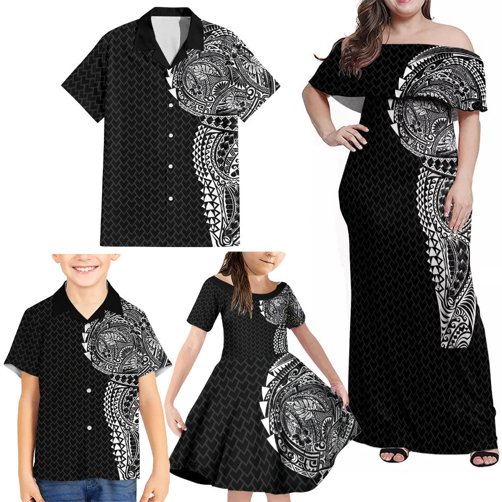 Hawaiian Traditional Tattoos Family Matching Off Shoulder Maxi Dress and Hawaiian Shirt Kakau Tribal Tropical Plant Motif Black Color LT03 - Polynesian Pride