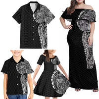 Hawaiian Traditional Tattoos Family Matching Off Shoulder Maxi Dress and Hawaiian Shirt Kakau Tribal Tropical Plant Motif Black Color LT03 - Polynesian Pride