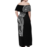 Hawaiian Traditional Tattoos Family Matching Off Shoulder Maxi Dress and Hawaiian Shirt Kakau Tribal Tropical Plant Motif Black Color LT03 - Polynesian Pride