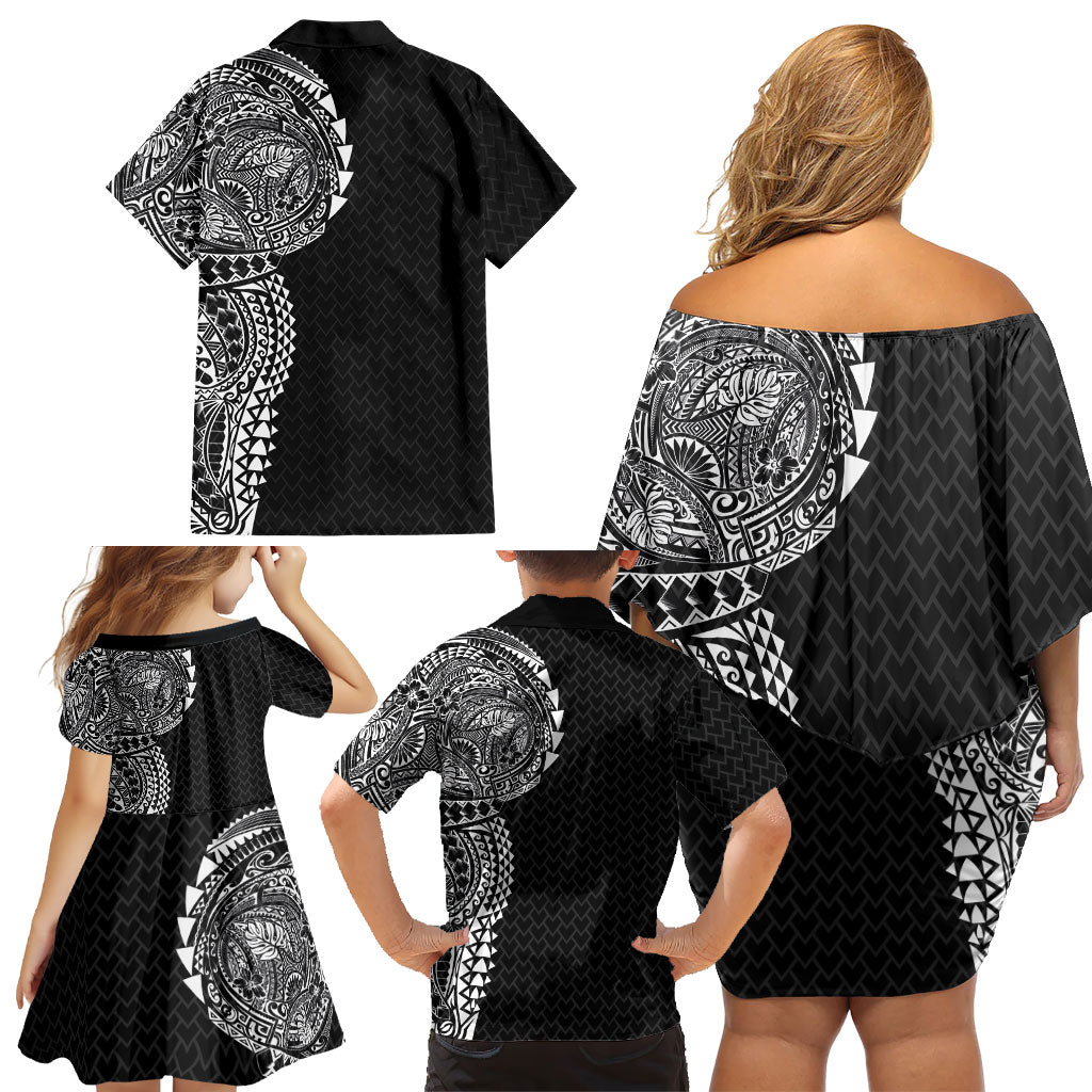 Hawaiian Traditional Tattoos Family Matching Off Shoulder Short Dress and Hawaiian Shirt Kakau Tribal Tropical Plant Motif Black Color LT03 - Polynesian Pride