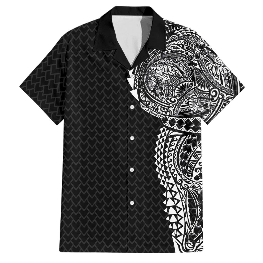 Hawaiian Traditional Tattoos Family Matching Off Shoulder Short Dress and Hawaiian Shirt Kakau Tribal Tropical Plant Motif Black Color LT03 Dad's Shirt - Short Sleeve Black - Polynesian Pride