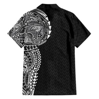 Hawaiian Traditional Tattoos Family Matching Off Shoulder Short Dress and Hawaiian Shirt Kakau Tribal Tropical Plant Motif Black Color LT03 - Polynesian Pride
