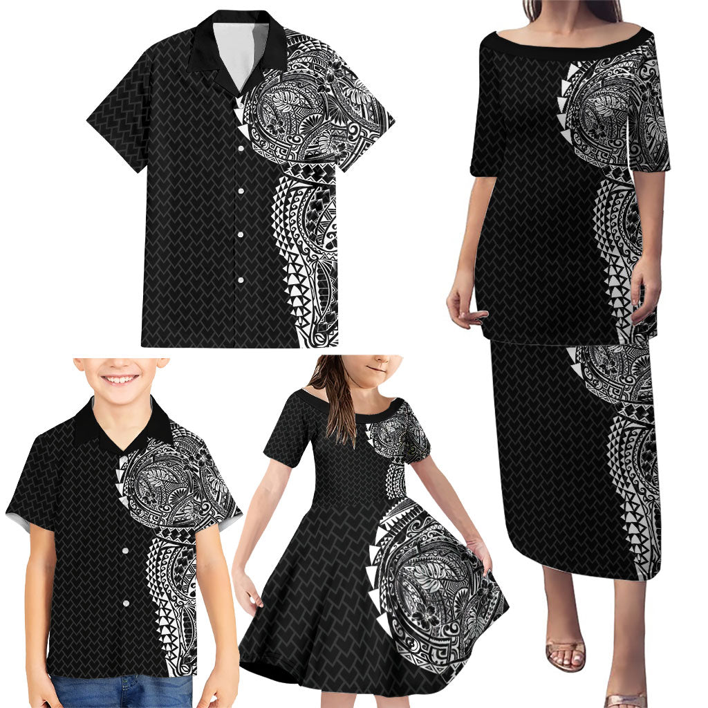 Hawaiian Traditional Tattoos Family Matching Puletasi and Hawaiian Shirt Kakau Tribal Tropical Plant Motif Black Color LT03 - Polynesian Pride