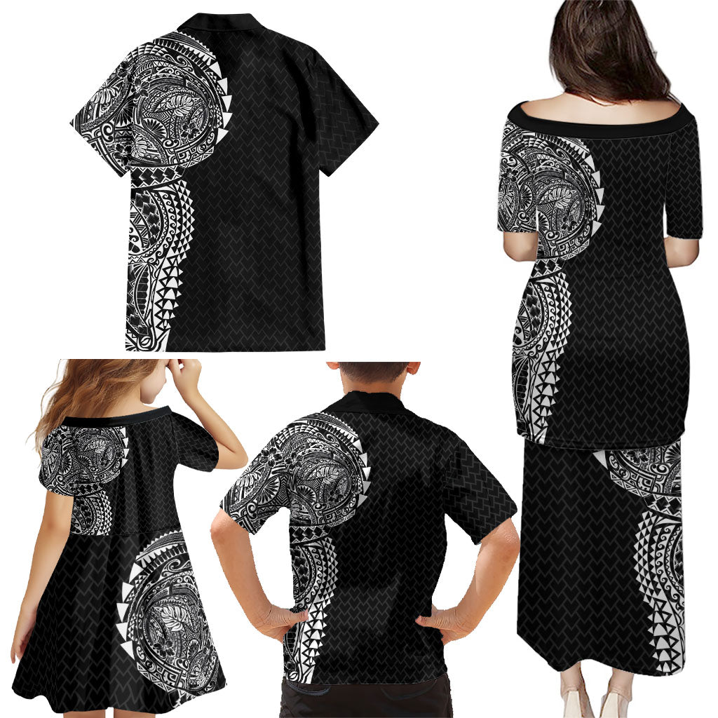 Hawaiian Traditional Tattoos Family Matching Puletasi and Hawaiian Shirt Kakau Tribal Tropical Plant Motif Black Color LT03 - Polynesian Pride