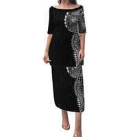 Hawaiian Traditional Tattoos Family Matching Puletasi and Hawaiian Shirt Kakau Tribal Tropical Plant Motif Black Color LT03 Mom's Dress Black - Polynesian Pride