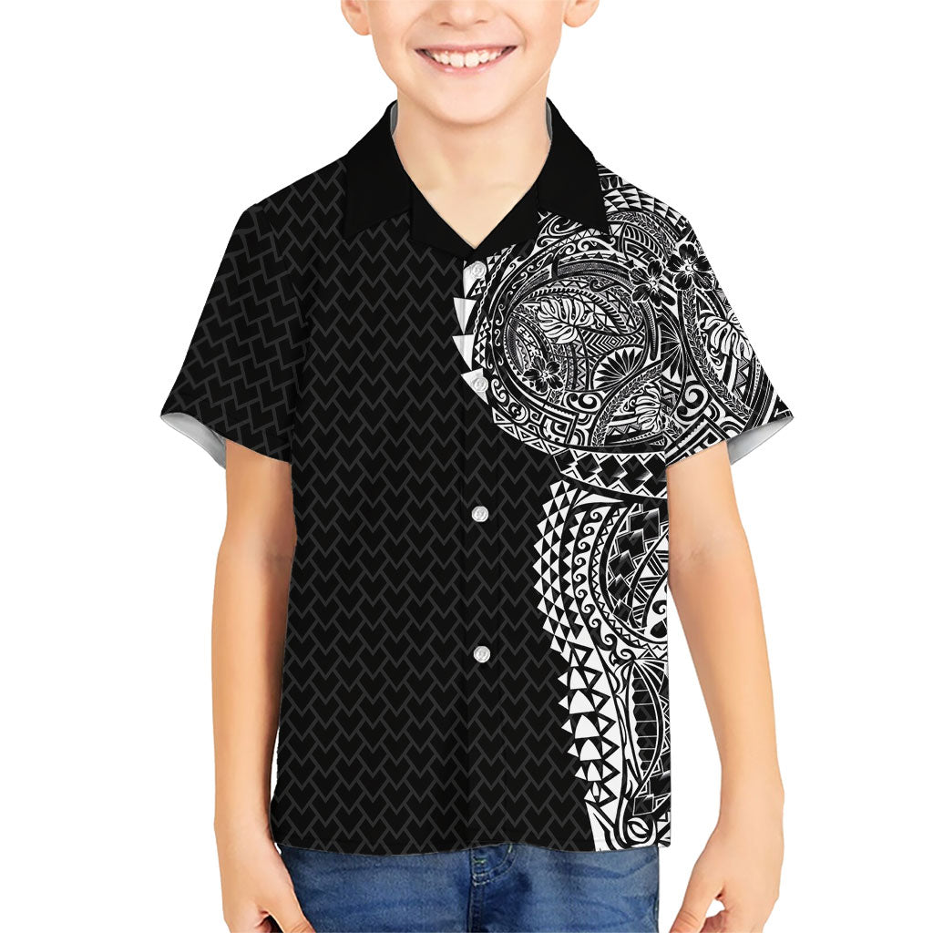 Hawaiian Traditional Tattoos Family Matching Puletasi and Hawaiian Shirt Kakau Tribal Tropical Plant Motif Black Color LT03 Son's Shirt Black - Polynesian Pride