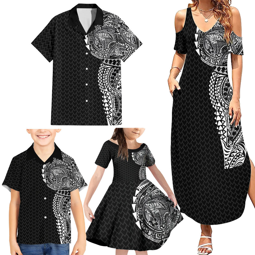 Hawaiian Traditional Tattoos Family Matching Summer Maxi Dress and Hawaiian Shirt Kakau Tribal Tropical Plant Motif Black Color