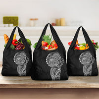 Hawaiian Traditional Tattoos Grocery Bag Kakau Tribal Tropical Plant Motif Black Color