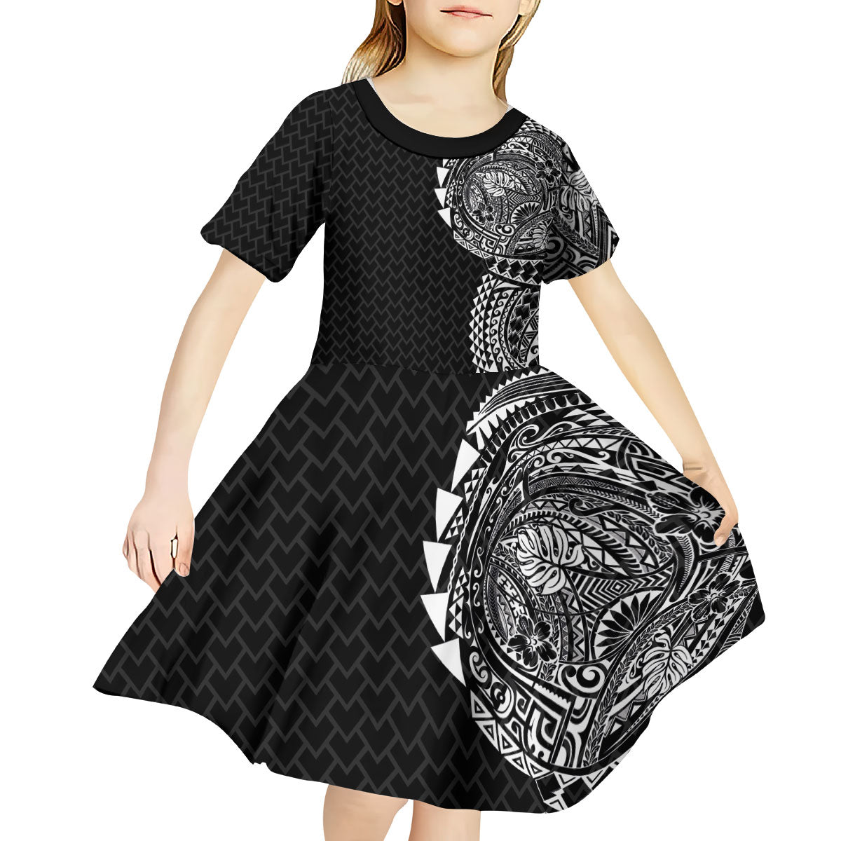 Hawaiian Traditional Tattoos Kid Short Sleeve Dress Kakau Tribal Tropical Plant Motif Black Color LT03 - Polynesian Pride