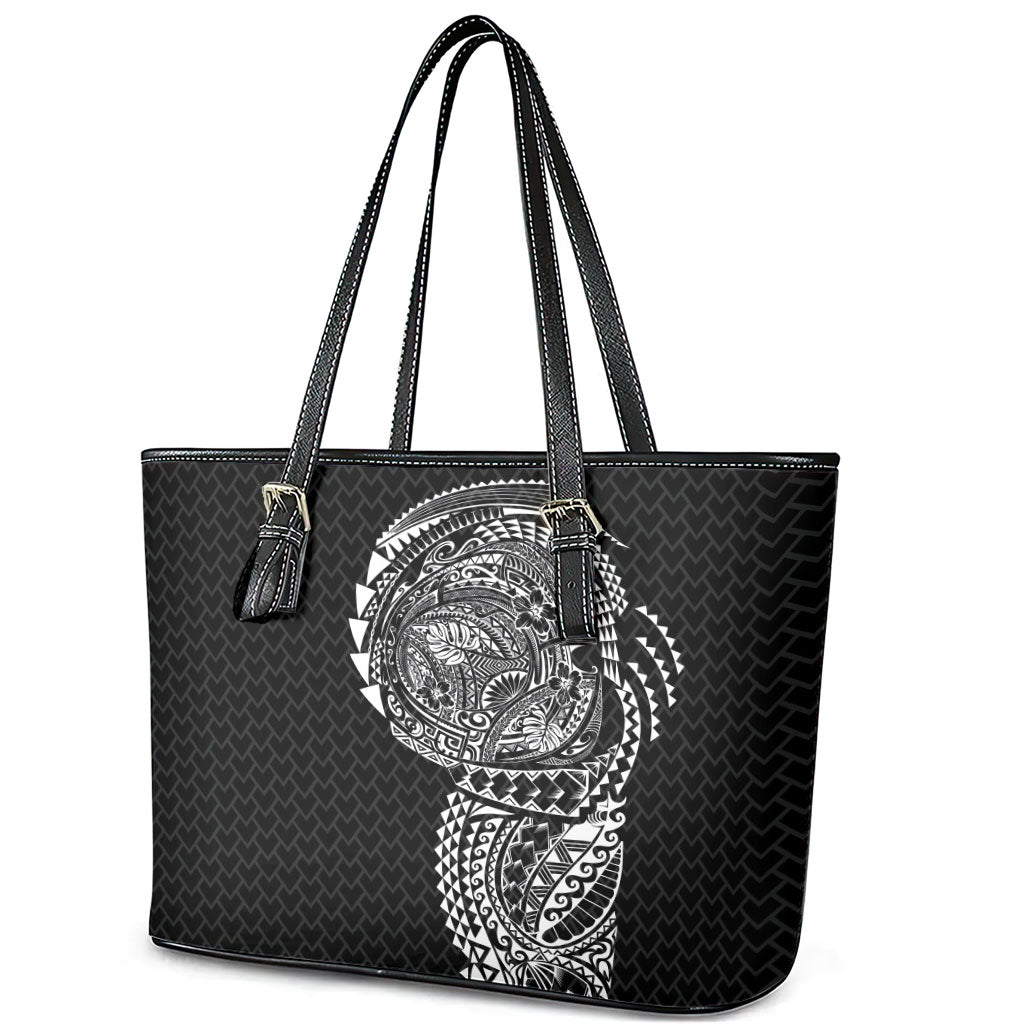 Hawaiian Traditional Tattoos Leather Tote Bag Kakau Tribal Tropical Plant Motif Black Color LT03 - Polynesian Pride