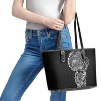 Hawaiian Traditional Tattoos Leather Tote Bag Kakau Tribal Tropical Plant Motif Black Color LT03 - Polynesian Pride