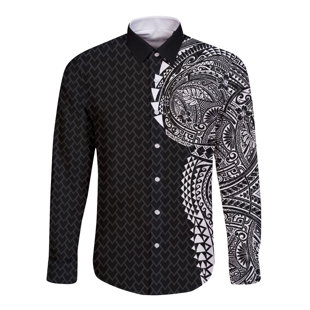 Hawaiian Traditional Tattoos Long Sleeve Button Shirt Kakau Tribal Tropical Plant Motif Black Color
