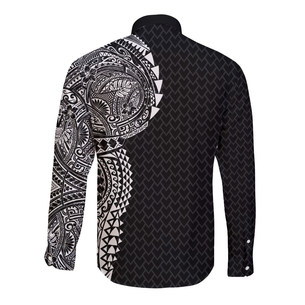 Hawaiian Traditional Tattoos Long Sleeve Button Shirt Kakau Tribal Tropical Plant Motif Black Color