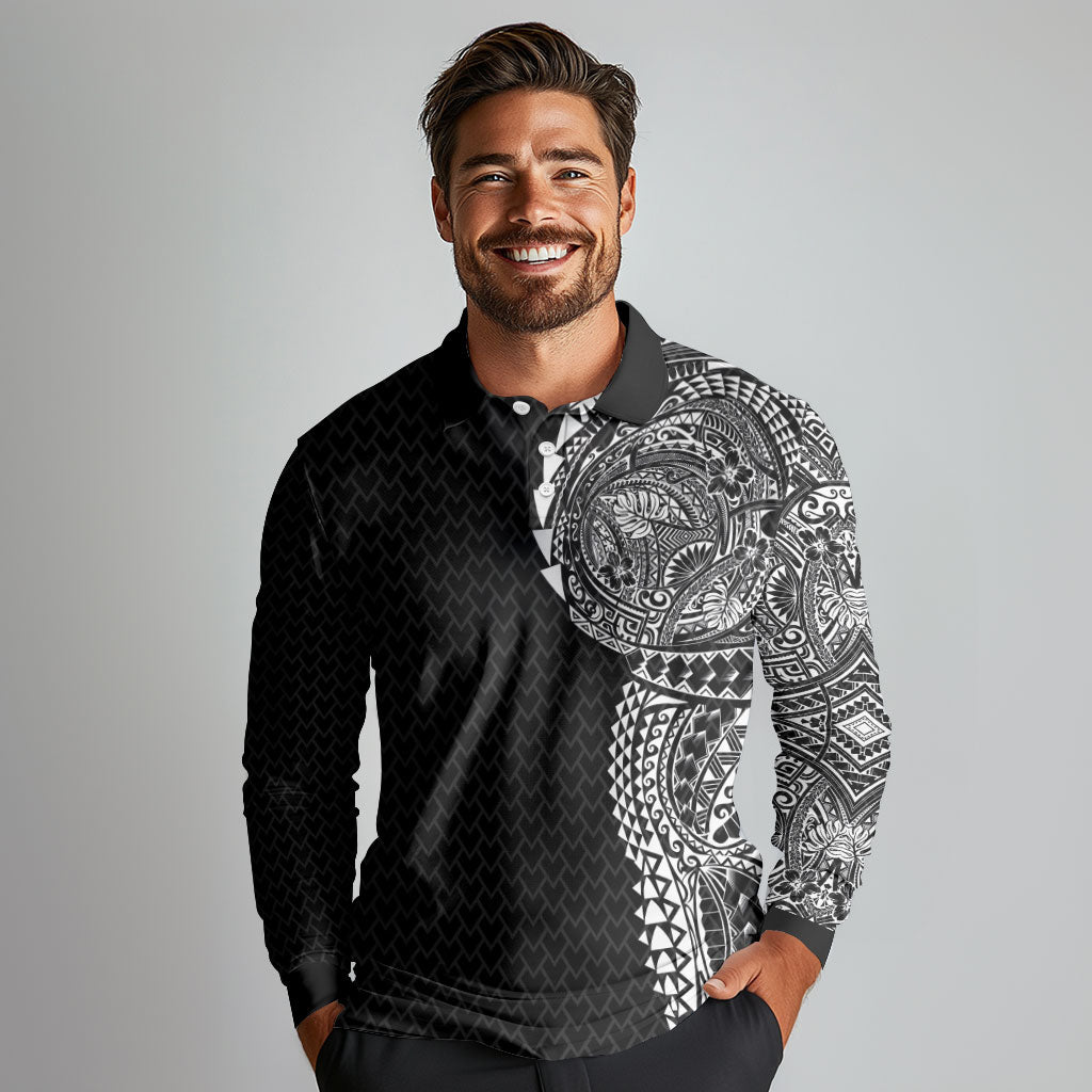 Hawaiian Traditional Tattoos Long Sleeve Polo Shirt Kakau Tribal Tropical Plant Motif Black Color LT03 - Polynesian Pride
