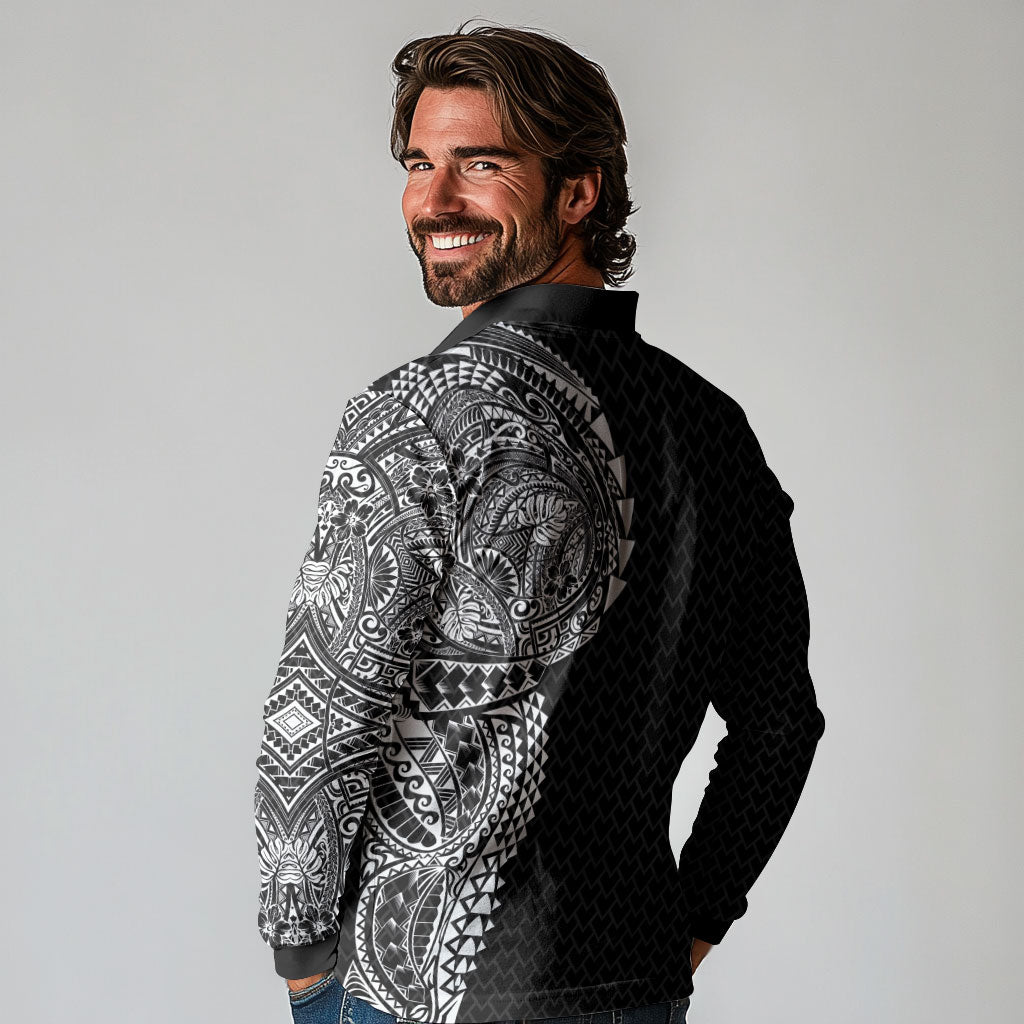 Hawaiian Traditional Tattoos Long Sleeve Polo Shirt Kakau Tribal Tropical Plant Motif Black Color LT03 - Polynesian Pride
