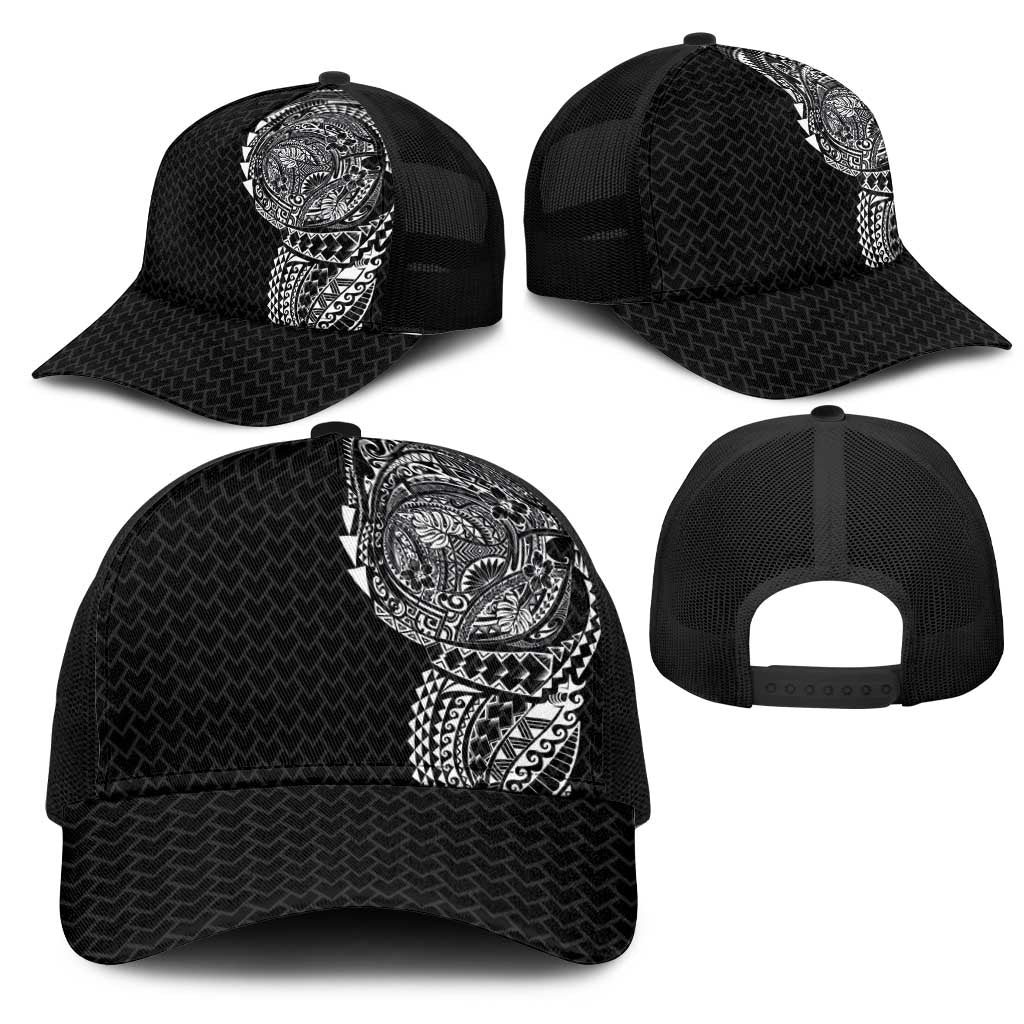 Hawaiian Traditional Tattoos Mesh Trucker Cap Kakau Tribal Tropical Plants Motif Black Color