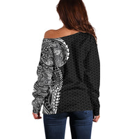 Hawaiian Traditional Tattoos Off Shoulder Sweater Kakau Tribal Tropical Plant Motif Black Color