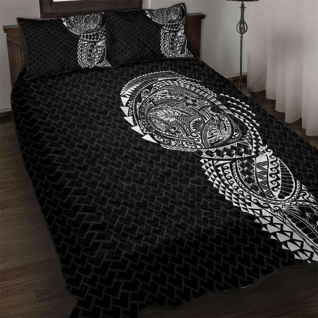 Hawaiian Traditional Tattoos Quilt Bed Set Kakau Tribal Tropical Plant Motif Black Color