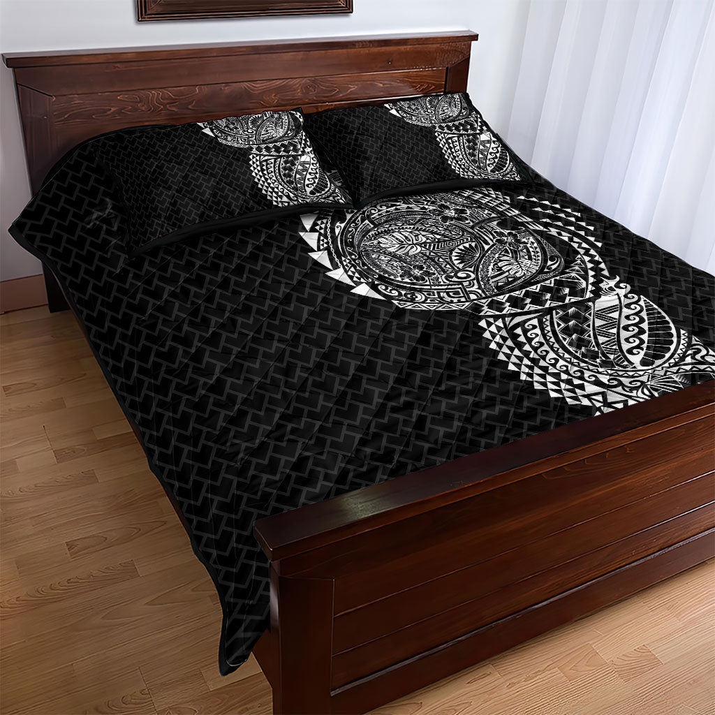 Hawaiian Traditional Tattoos Quilt Bed Set Kakau Tribal Tropical Plant Motif Black Color