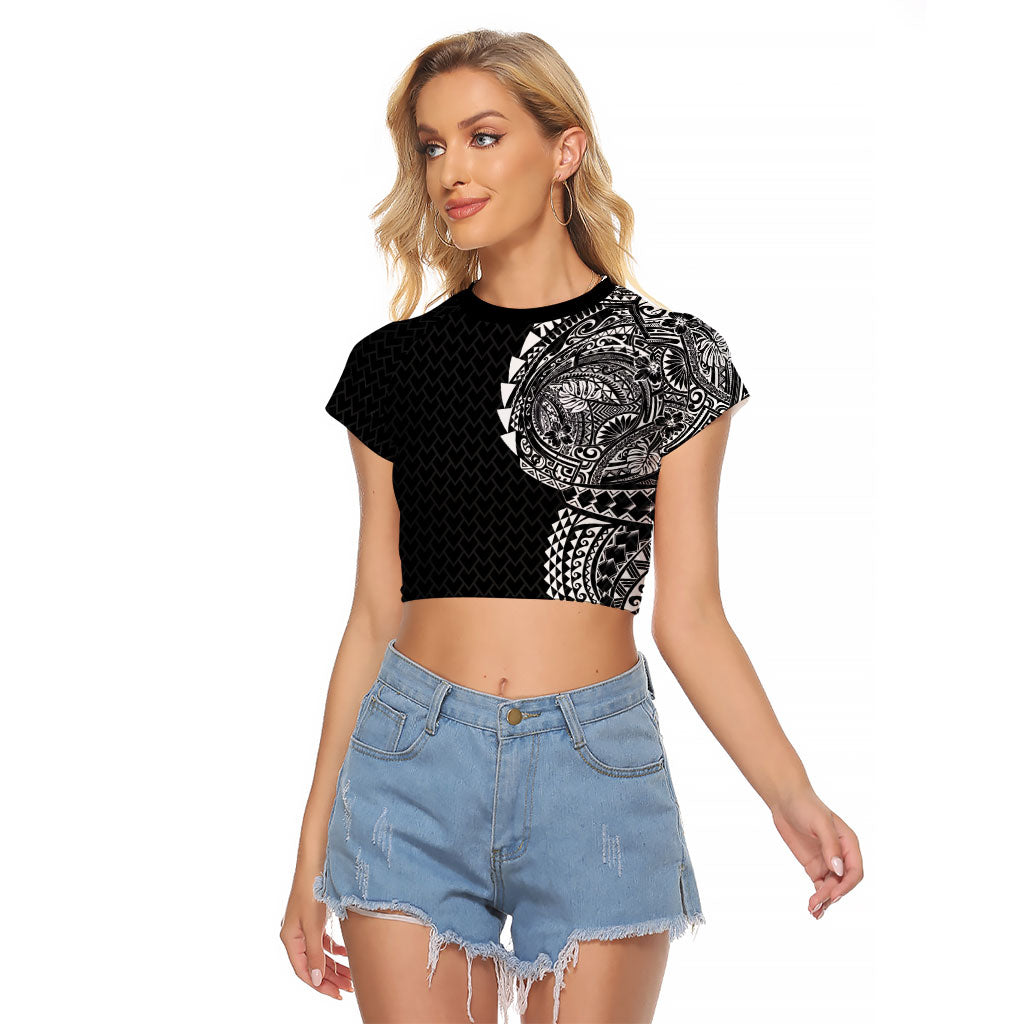 Hawaiian Traditional Tattoos Raglan Cropped T Shirt Kakau Tribal Tropical Plant Motif Black Color LT03 Female Black - Polynesian Pride