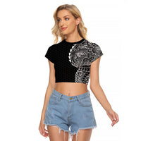 Hawaiian Traditional Tattoos Raglan Cropped T Shirt Kakau Tribal Tropical Plant Motif Black Color LT03 Female Black - Polynesian Pride