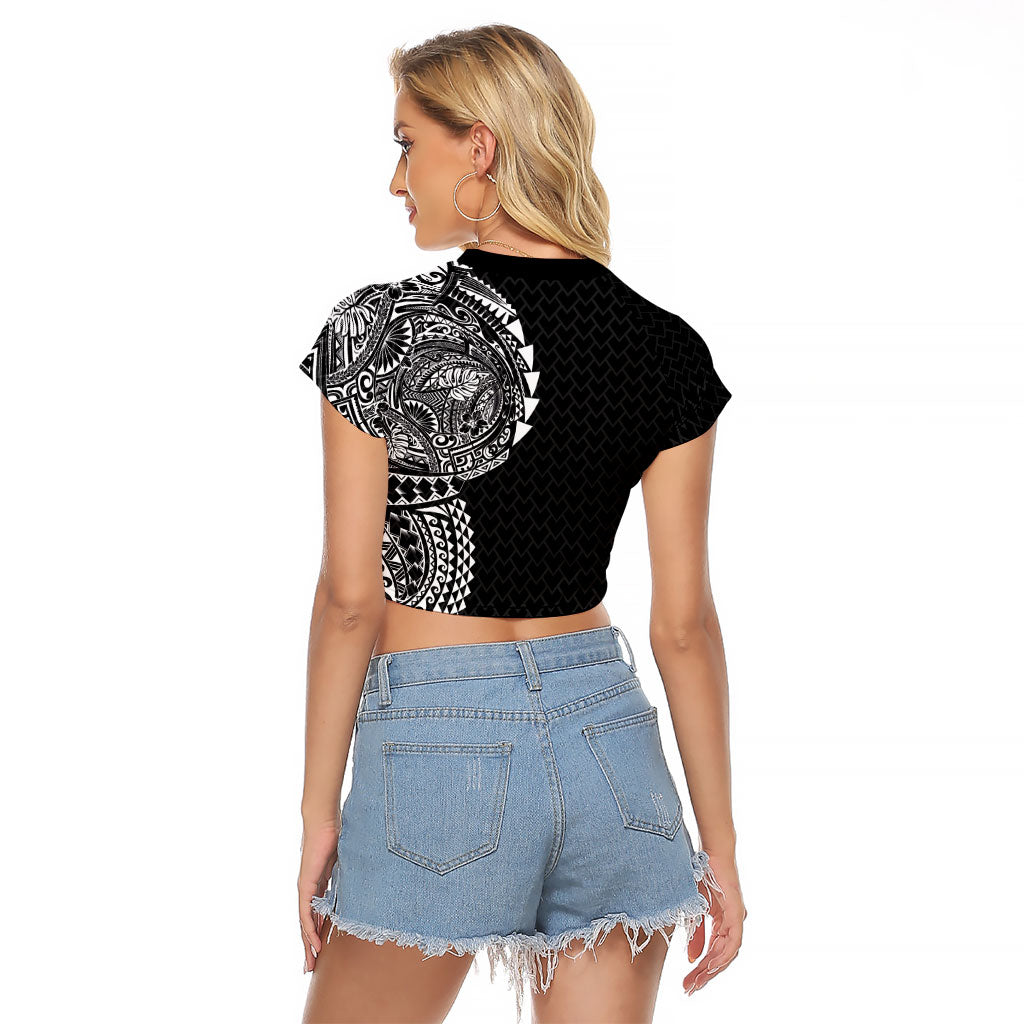 Hawaiian Traditional Tattoos Raglan Cropped T Shirt Kakau Tribal Tropical Plant Motif Black Color LT03 - Polynesian Pride