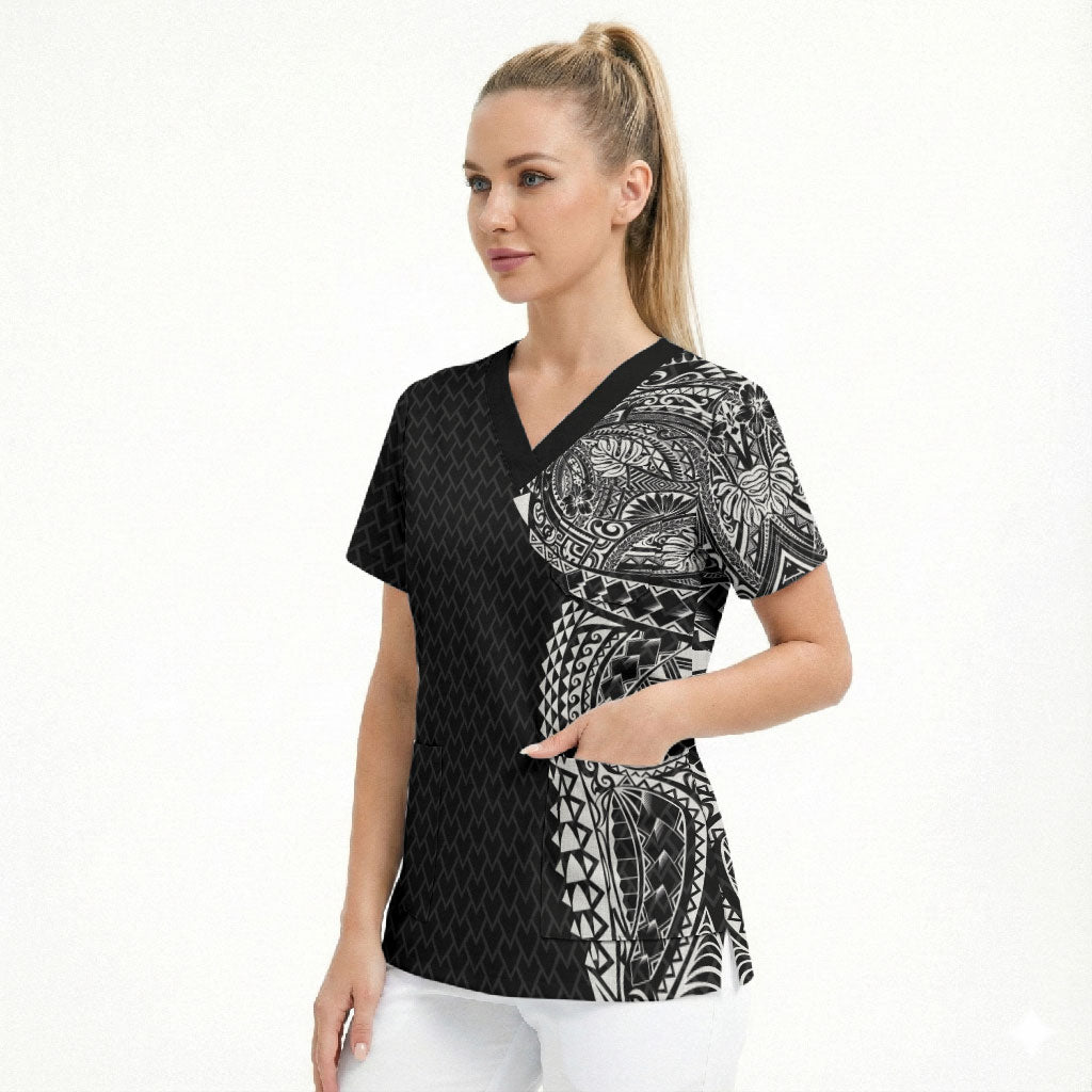 Hawaiian Traditional Tattoos Scrub Top Kakau Tribal Tropical Plant Motif Black Color