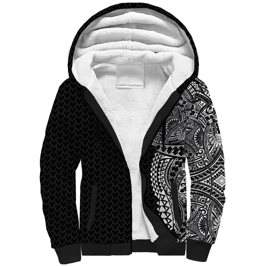 Hawaiian Traditional Tattoos Sherpa Hoodie Kakau Tribal Tropical Plant Motif Black Color LT03 Unisex Black - Polynesian Pride