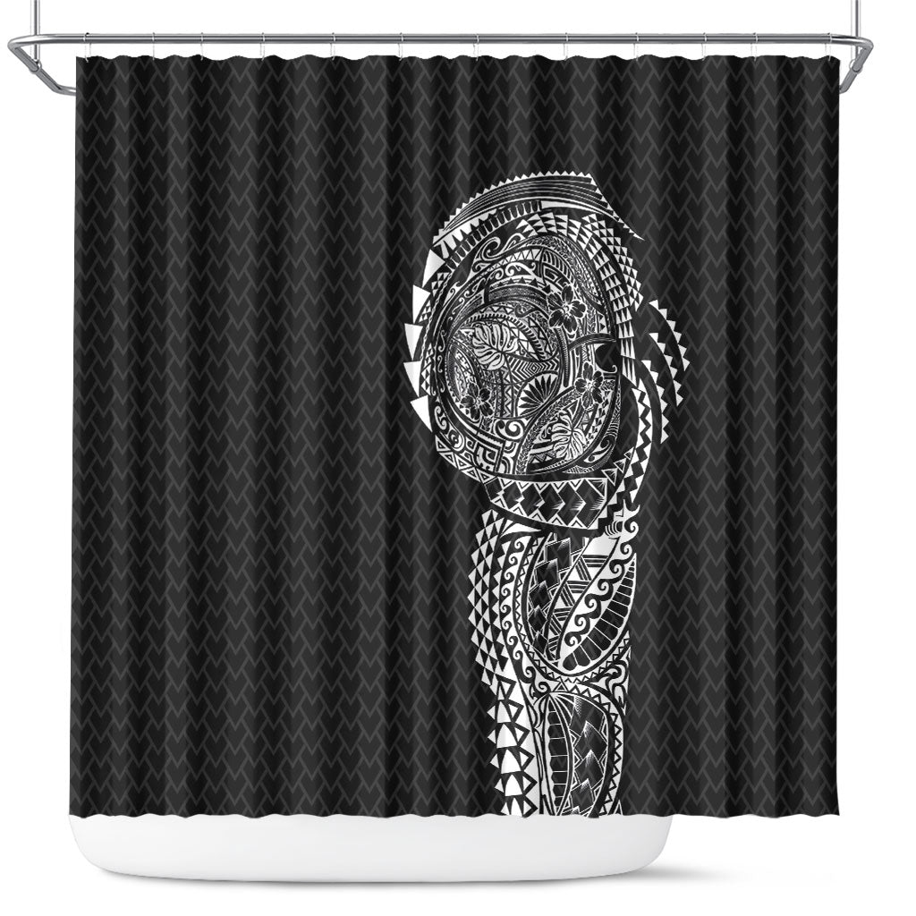 Hawaiian Traditional Tattoos Shower Curtain Kakau Tribal Tropical Plant Motif Black Color