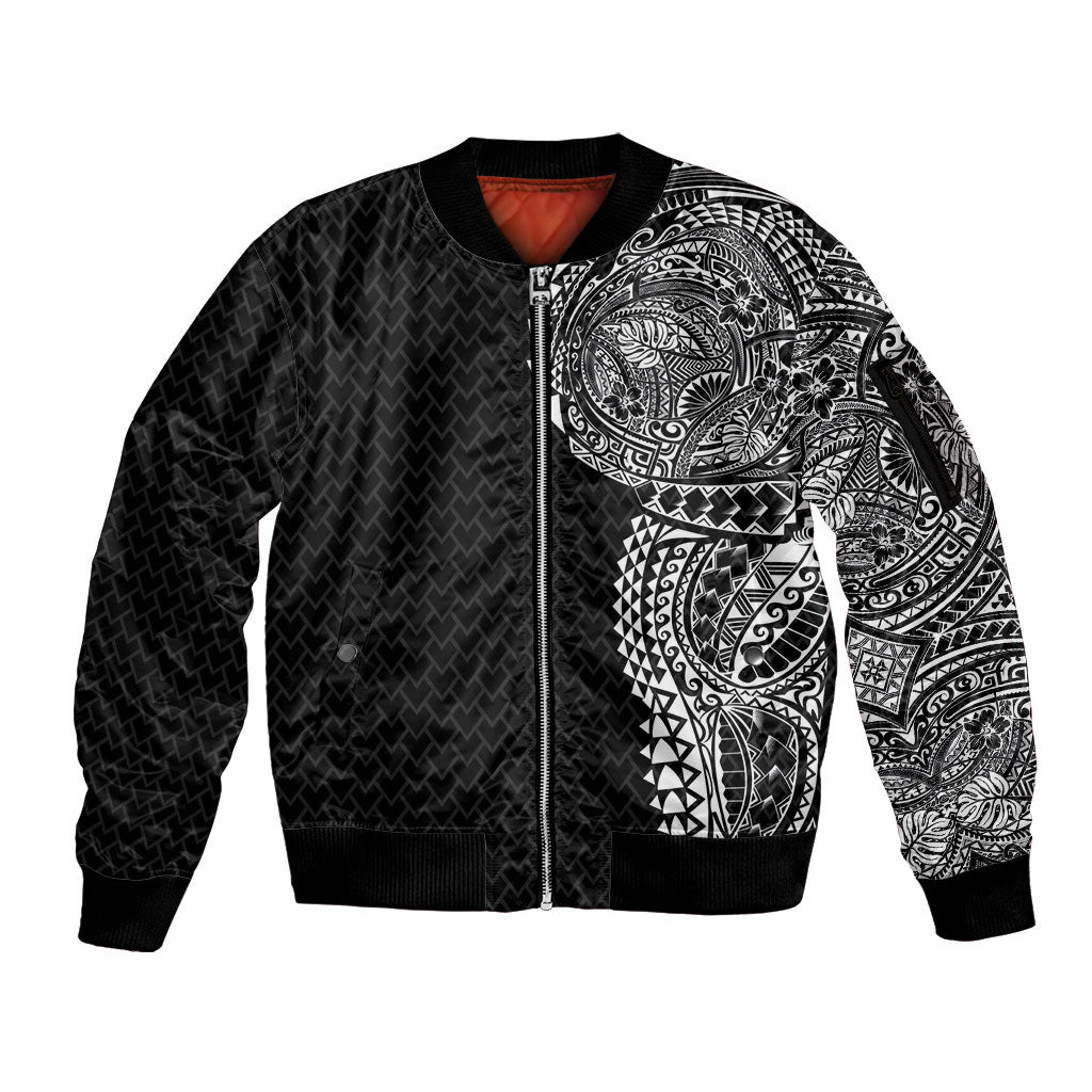 Hawaiian Traditional Tattoos Sleeve Zip Bomber Jacket Kakau Tribal Tropical Plant Motif Black Color