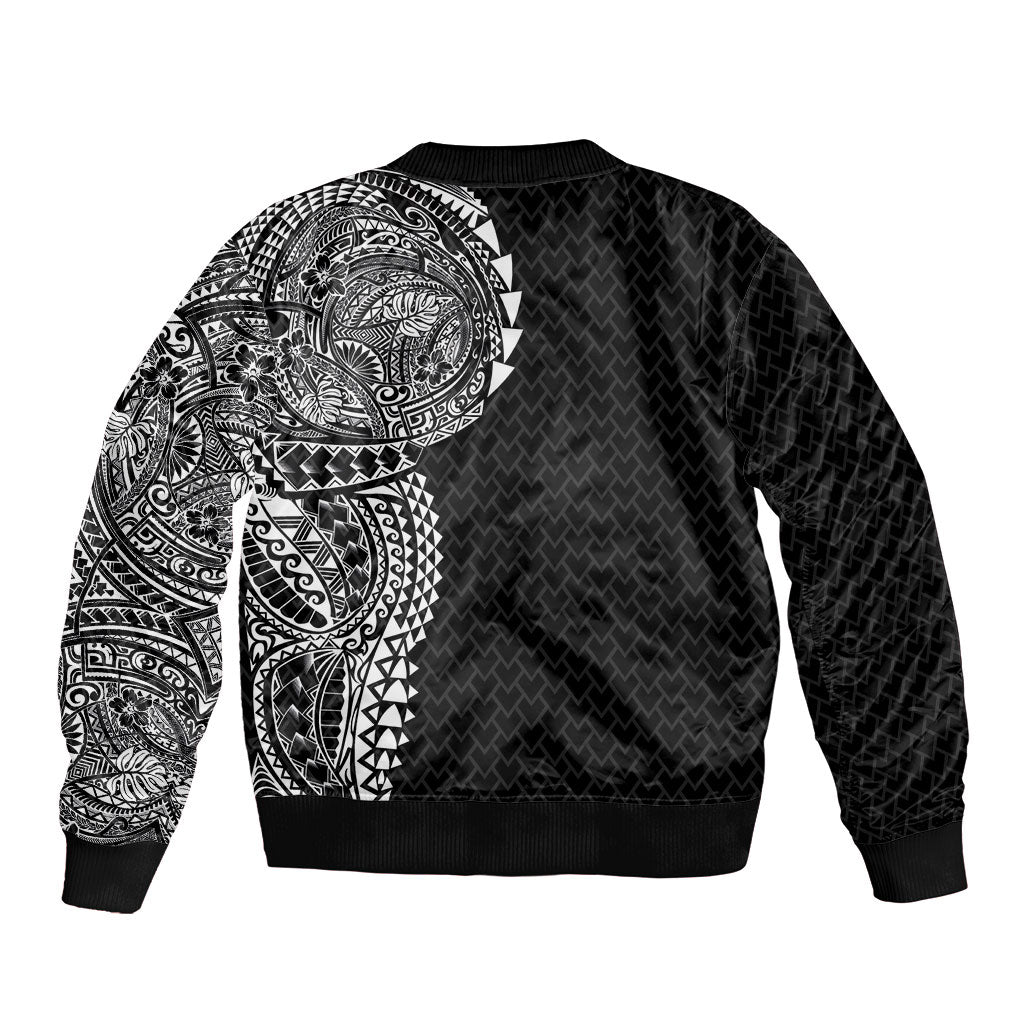 Hawaiian Traditional Tattoos Sleeve Zip Bomber Jacket Kakau Tribal Tropical Plant Motif Black Color