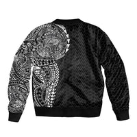 Hawaiian Traditional Tattoos Sleeve Zip Bomber Jacket Kakau Tribal Tropical Plant Motif Black Color