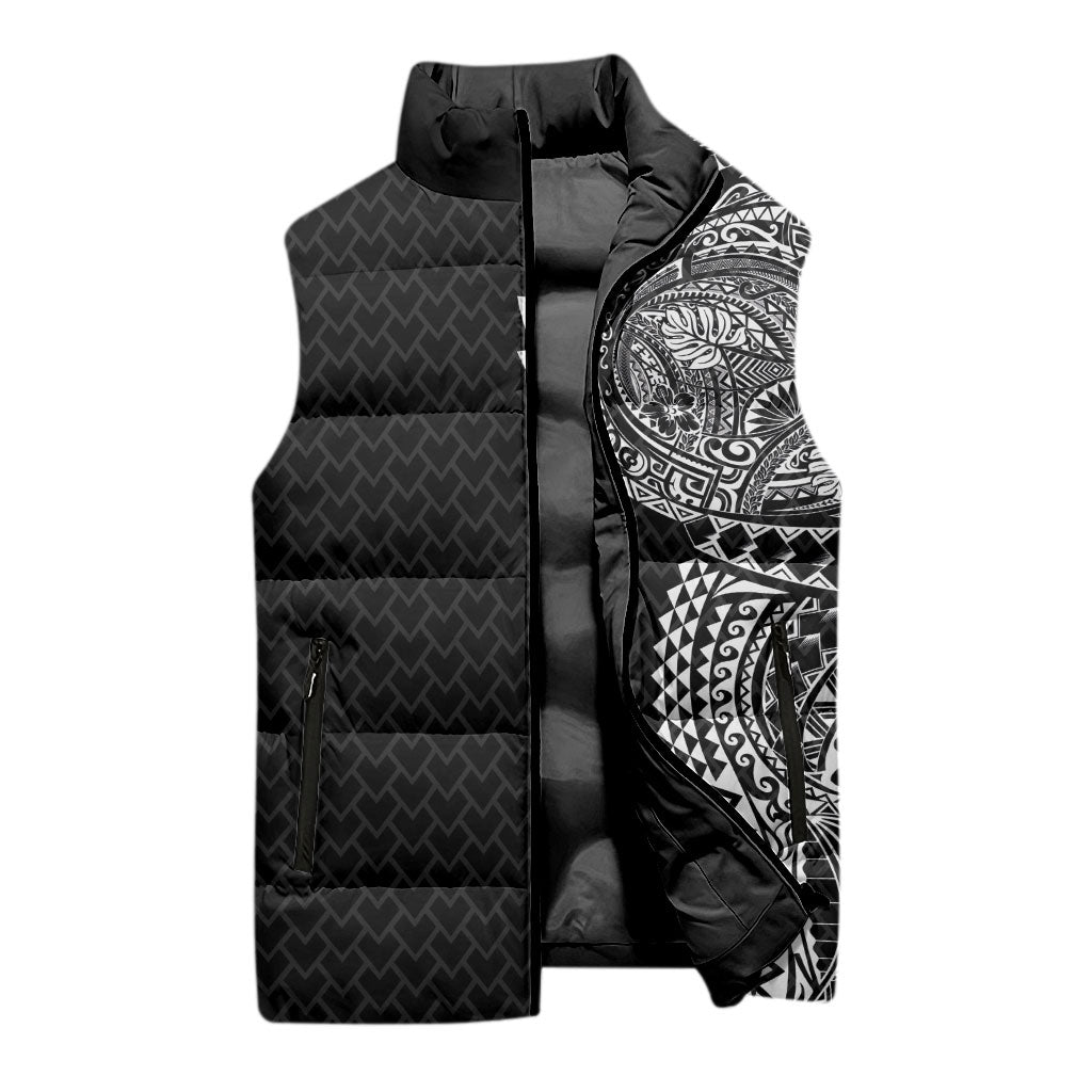 Hawaiian Traditional Tattoos Sleeveless Puffer Jacket Kakau Tribal Tropical Plant Motif Black Color