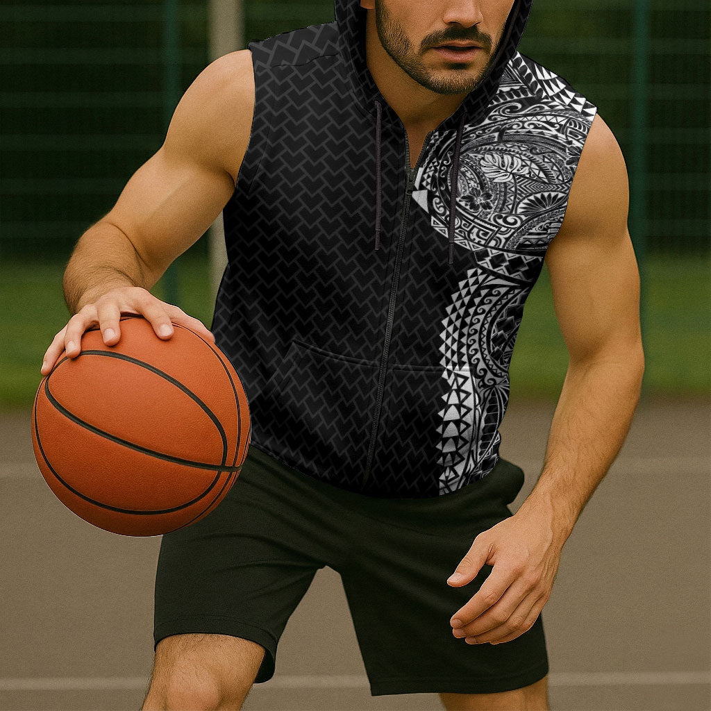 Hawaiian Traditional Tattoos Sleeveless Zip Hoodie Kakau Tribal Tropical Plant Motif Black Color LT03 - Polynesian Pride