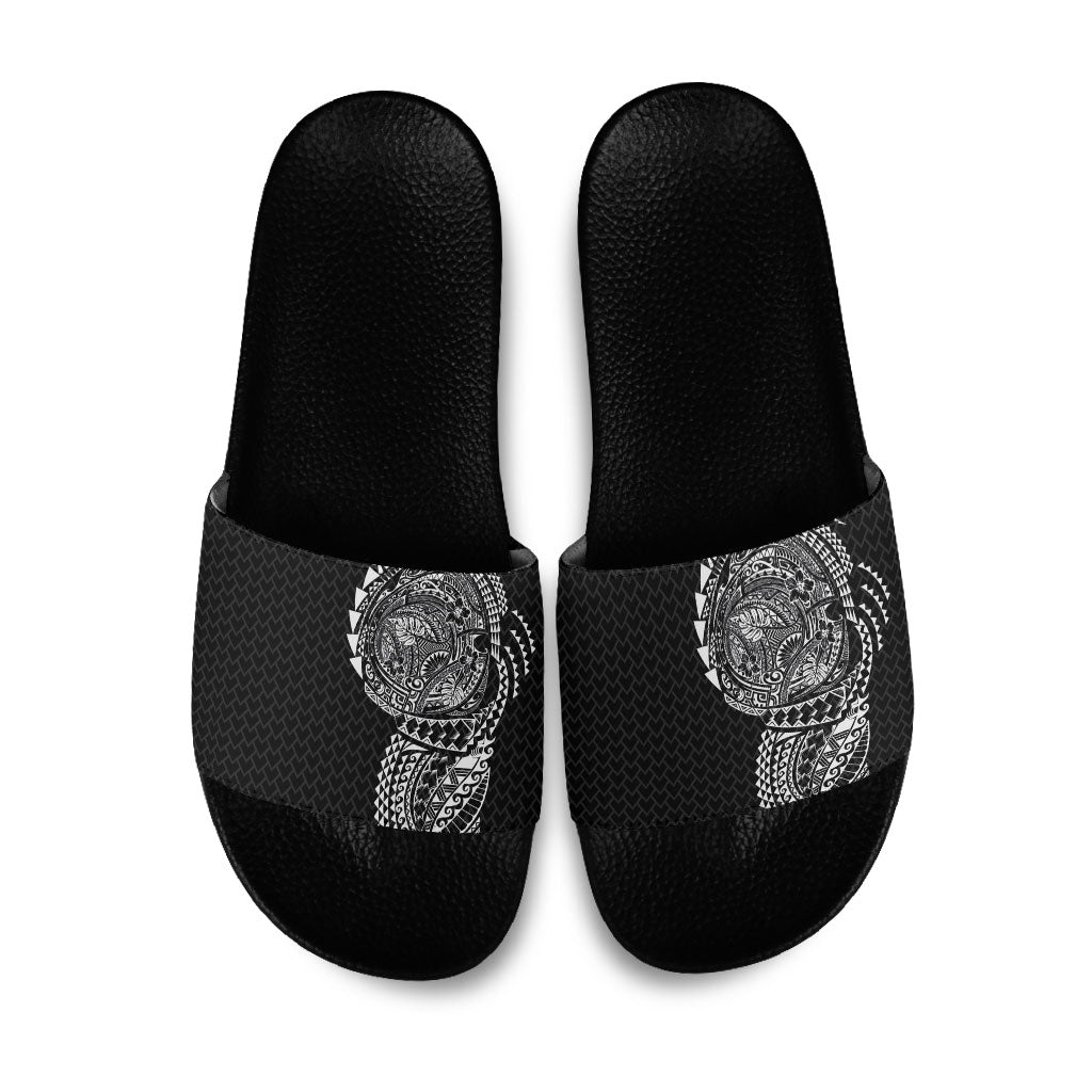 Hawaiian Traditional Tattoos Slide Sandals Kakau Tribal Tropical Plant Motif Black Color