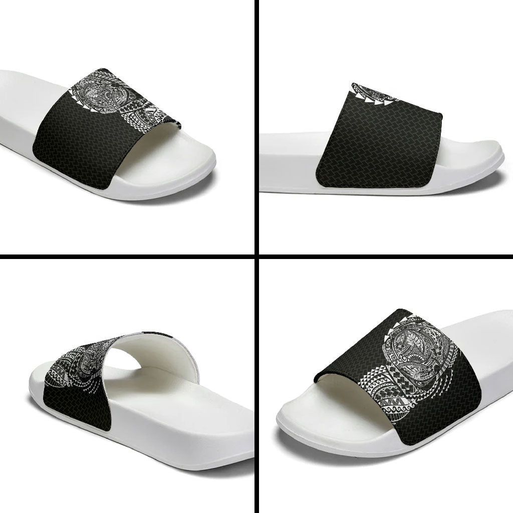 Hawaiian Traditional Tattoos Slide Sandals Kakau Tribal Tropical Plant Motif Black Color
