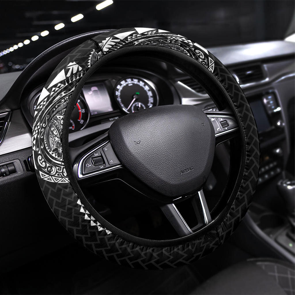 Hawaiian Traditional Tattoos Steering Wheel Cover Kakau Tribal Tropical Plant Motif Black Color